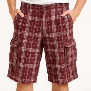 Plaid Cargo Shorts 14 Burgundy 2009 Heritage Woods Six Pockets Soft Norm